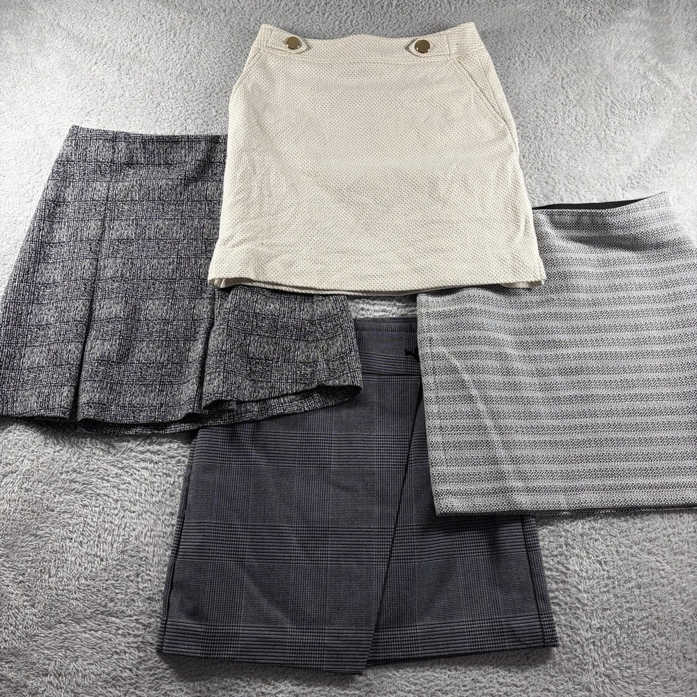 Anne Taylor Plaid Skirts Womens 4P Petite‎ Bundle Lot 5 Gray Neutral